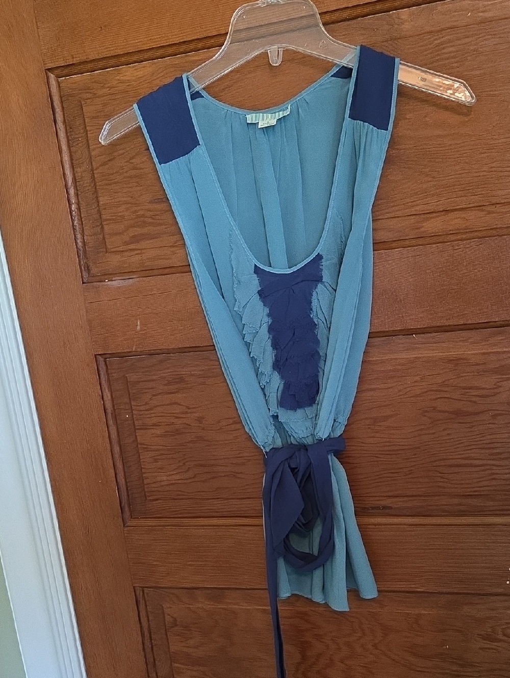 Anthropologie Teal and Navy Sleeveless Ruffle Blouse